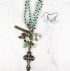 aqua beaded cross pendant necklace and earrings