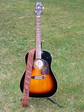 While I have the utmost respect for the Martin D-series guitars, I am a J-45 kinda guy. This Epiphone Elitist model was made in Japan to the specs of the Gibson icon. It's got that thunky, thuddy, growly low-mid voice so beloved of J-45 players. Bob Wescott and I did a taste test with this guitar when I first got it - he has two or three J-45s, a J-200, and God knows what else. This baby had it.
