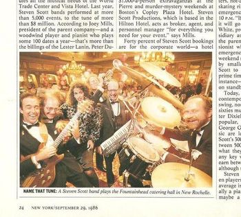 The Jerry White Band in New York magazine, September 1986. The magazine did a piece on the Steven Scott Orchestras and used us for the photo. We're at the Fountainhead catering hall in New Rochelle. Left to right: Douglas Baldwin (guitar), Al Geller (keyboards), Denice Lopez (vocals, also my first wife), Jerry White (trumpet, vocals), Ed Silver (sax, clarinet, Casio keyboard, vocals), Bob Allen (drums, vocals). Missing in action: Richie Acciavettio on bass and vocals. Oh, the tales I could tell of these days...
