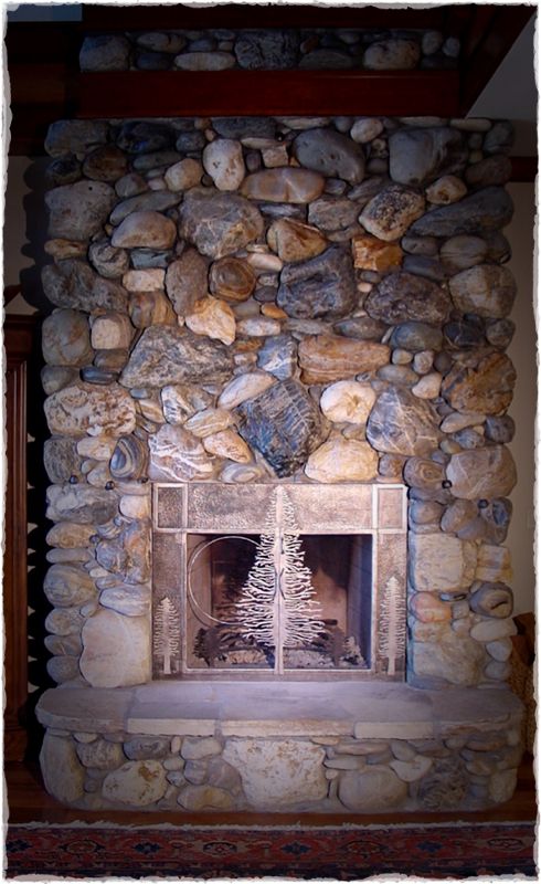 Custom fireplace insert, doors, & andirons.
Installed on a lakefront home in Tahoe. 
2001