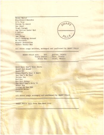 Smart Pills set list 1979 w/ letter of introduction
