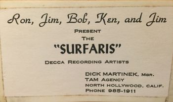 Dick Martinek Business Card - The Surfaris Manager in 1965
