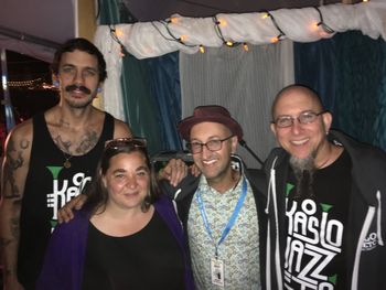 Felix Pastorius, Rainbow Roberts (Vancouver Jazz Festival), Michael Occhipinti, Jeff Coffin, backstage at Kaslo Jazz Festival
