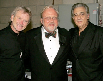 Carl St. Clair, conductor, William Bolcom, composer, Placido Domingo, tenor after premiere performance of Bolcom's Canciones de Lorca
