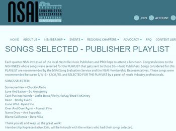Excited & Blessed to have 2 songs chosen for the NSAI 1Q 2019 Publisher Luncheon/Playlist
