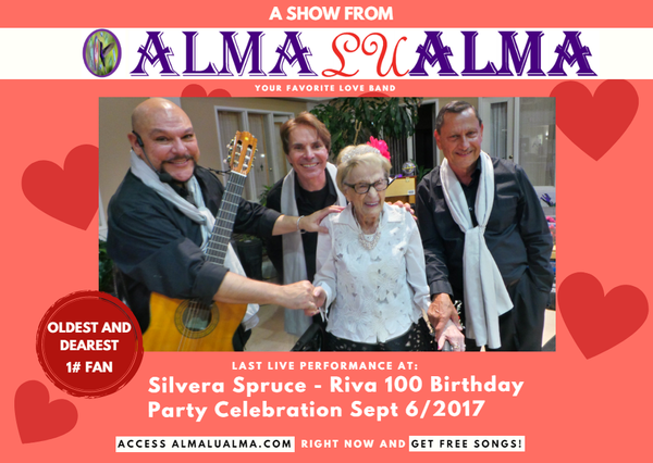 AlmaLuAlma Celebrating Riva's 100th Birthday in September 2017, Oldest and Dearest Living Fan!
Riva said,"I can't live without you guys"