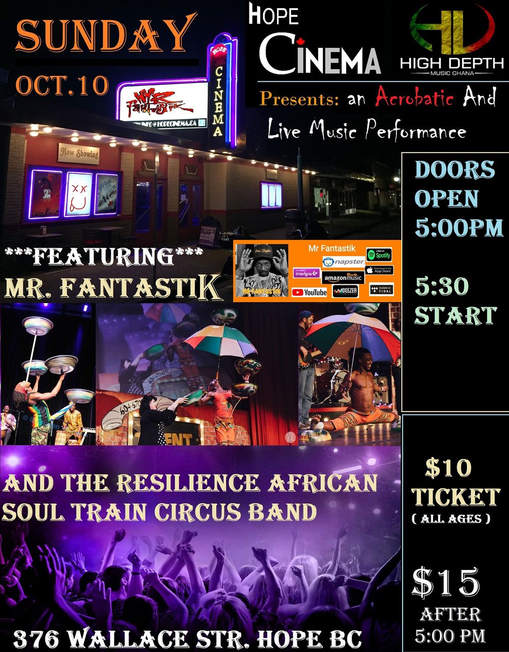 Mr Fantastik And The Resilience African Soul Train Circus Band live in hope Cinema, lets end the summer in love, truth, hope and charity , Hope Get Ready for a show of a life time, with the dance hall rambo himself and his Amazing Musicians, 