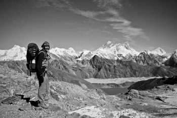 Atop 17,927ft Renjo La in the Himalayas, Mt Everest is in the middle of the picture.
