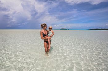 Courtney and Scarlett on Honeymoon Island, in Aitutaki
