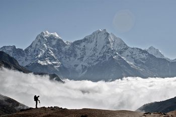 Trekking in Nepal. Beneath Thamserku
