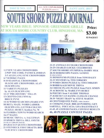 The South Shore Puzzle Journal, Published by Bob Simon, sold in stores in the Boston Area - Centerfold by Charles Locke Govatsos & Brenda Alexsandra - - January 2017 Issue - Includes Bob Simon - Sam Kinison - Eddie Van Halen - Batman - Alice Cooper
