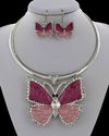 Shades of Pink Butterfly Metal Pendant Statement Necklace Set (with Rhinestones)