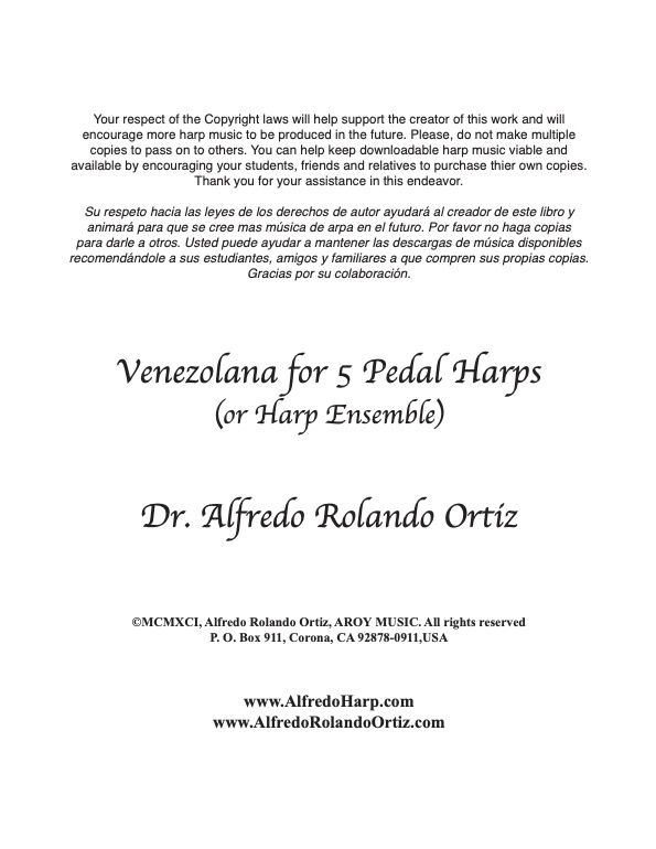 VENEZOLANA FOR 5 PEDAL HARPS (or Pedal Harps Ensemble) - sheet music