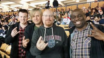 With Jay Ruston, Brian Slagel (Metal Blade) & Vaughn Lewis (Strong Management) watching hockey at Dodger Stadium (Los Angeles)
