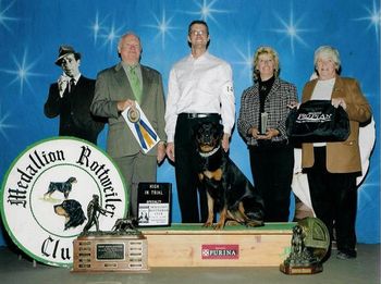 Phantom Wood Grace Kelly CD TD shown winning High in Trial with a score of 197 1/2 from the Novice B class at the MRC Specialty Show - Trial 2 - in Oct. 2006. Grace is co-owned by Drew and Carrie Randall and Karla Niessing and is shown and trained by Drew.

