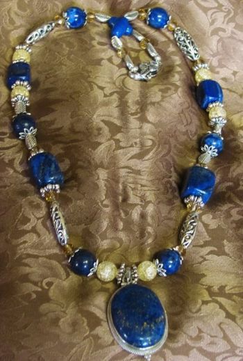 Gemstone necklace, lapis, crystal, silver $85.00 sold.
