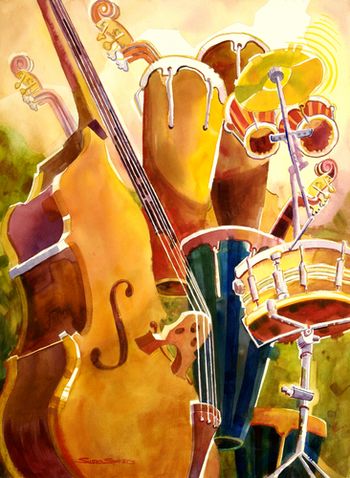 "Rhythm and Blues" Drums and the bass viola dominate this painting. We draw at Tigard Music every winter. Ron, the proprietor always treats us to lunch afterwards. 22"x30" Sold. Prints only.
