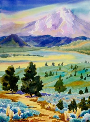 "Mt. Jefferson from Mile Post 109" is the only way to describe this painting spot in Central Oregon. We looked across the desert. All you could hear was the wind in the junipers and someone siting in a rifle way in the distant hills. A cinder cone in the distance completed this volcanic desert scene near Hwy 97. Sold. Prints only.

