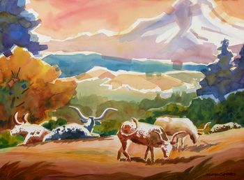 Longhorn cows peacefully graze and chew the cud with their view of Mt. Hood in the distance framed by Douglas Firs. 30"x22" original or prints. " Pete's Mountain Longhorns" Sold Prints only
