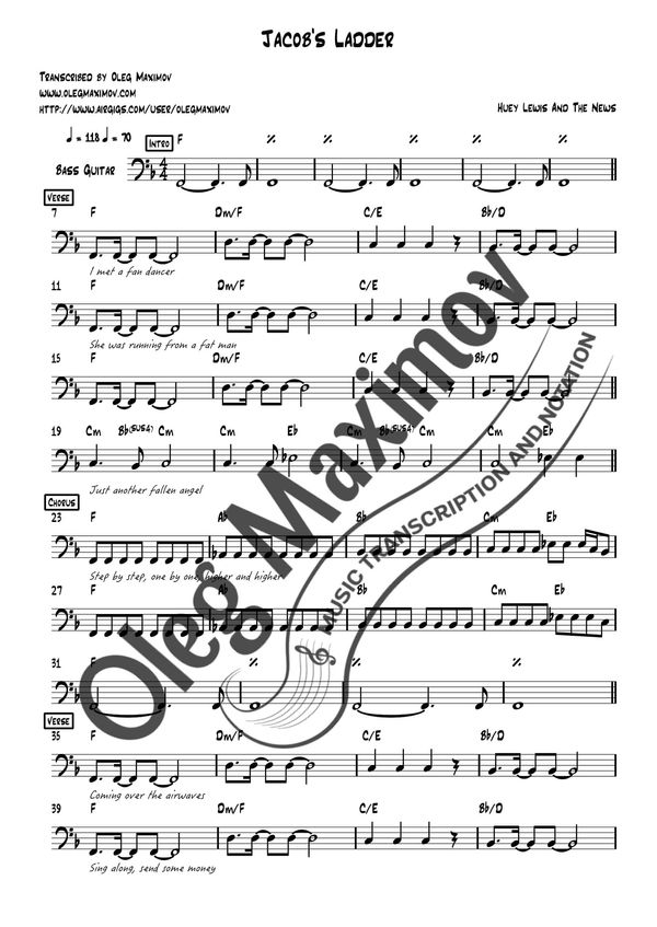 Huey Lewis and the News Jacob's Ladder Bass Transcription Sheet Music
