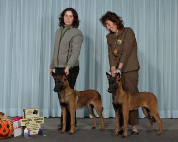 "Maximus" and "Raven" first points picture - taking Winners Dog and Winners Bitch at their first show as 6month old Juniour puppies.
