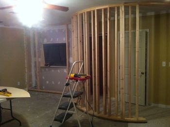 Curved, staggered-stud wall framed
