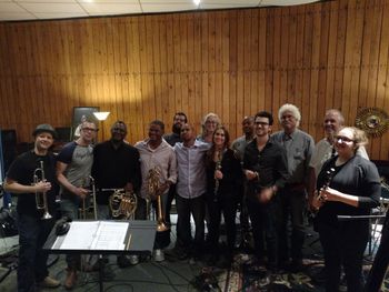 The wind ensemble after the recording session.  What a great group of musicians to work with!
