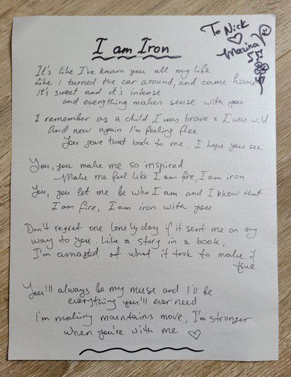 8x11 Handwritten Lyrics on Silver Thick Stock Paper