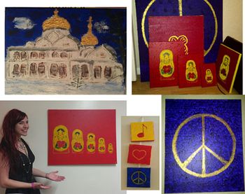 Upper left: Snow Domes; Upper right + lower left: Matryoshka series; lower middle: Love, Peace & Music; Lower Right: World Peace
