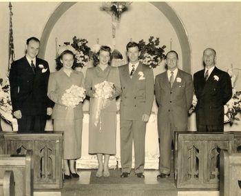 Wedding picture - Helene Fallgren and Frank Klump. From the left, Herb Fallgren, Jr., Janet Fallgren Fox, Helene, Frank, Ralph McCutcheon and Krumb Knutson, another life long friend and wrangler.
