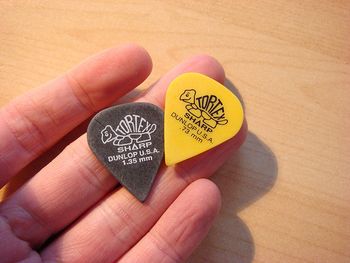 Tortex guitar picks. We both use the .73 picks because we can bum them off of eachother.
