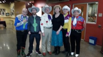 Riders in the Sky, Freight & Salvage Berkeley CA, 2/21/18, (Too Slim, Side Meat, a Righteous Tater, The Man of a Thousand Hats), Scott Clark with signed "Cac-Tie," Doug Green (Ranger Doug, Idol of American Youth), Grace, Paul Chrisman (Woody Paul, King of the Cowboy Fiddlers), Joey Miskulin (Joey the Cowpolka King)
