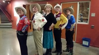 Riders in the Sky, Freight & Salvage, Berkeley  CA, 2/21/18, with Grace posing "The Cowboy Way," (Joey Miskulin (Joey the Cowpolka King), Doug Green (Ranger Doug, Idol of American Youth), Grace, Paul Chrisman (Woody Paul, King of the Cowboy Fiddlers), Too Slim, Side Meat, a Righteous Tater, The Man of a Thousand Hats).
