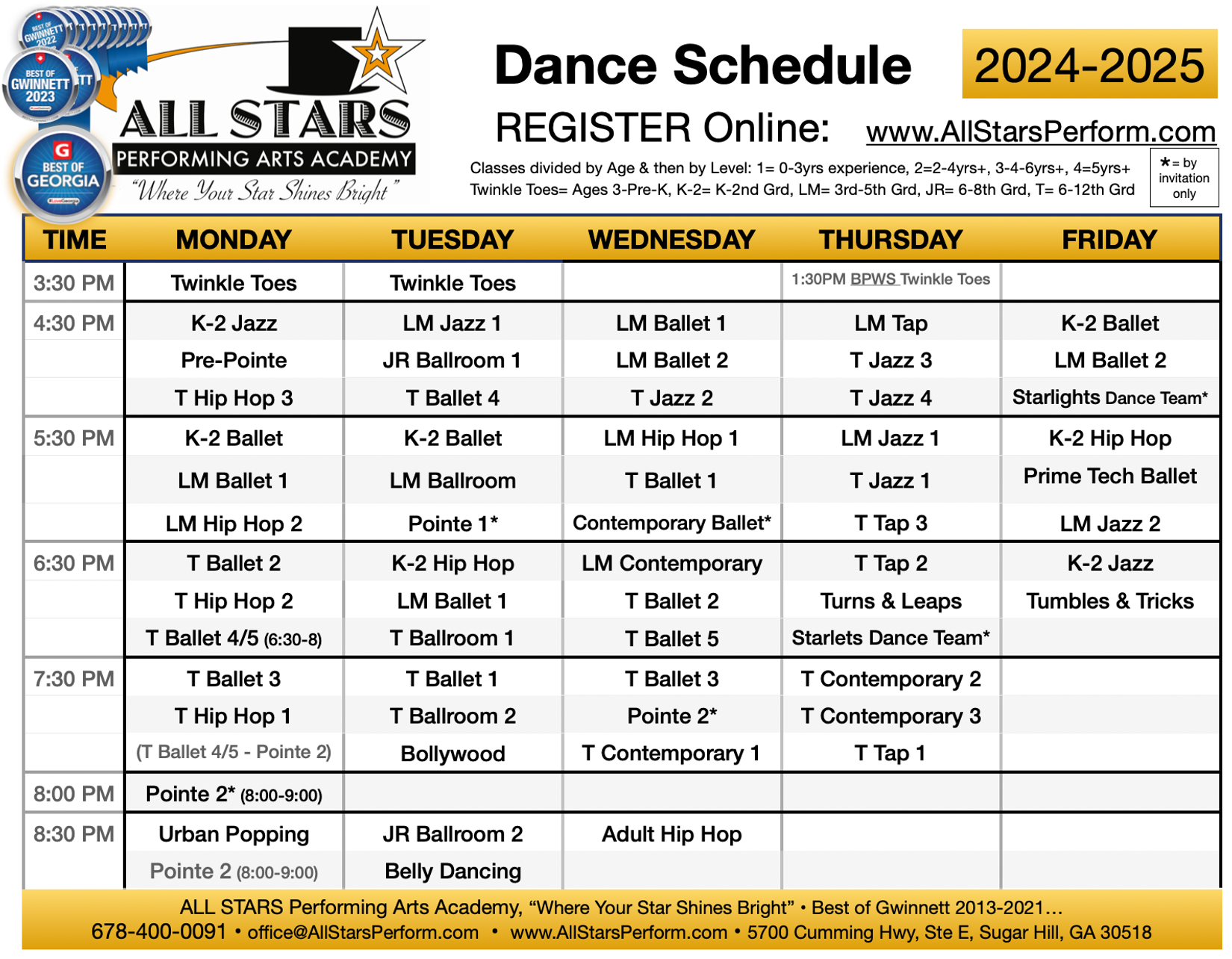 ALL STARS Performing Arts Academy - 2024-2025 Dance Schedule