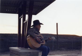 This was a great moment.  We’re at a roadside park off of Highway 90 near Marathon, Texas.  Behind the ridge there are railroad tracks.  I just missed the train for photos but as we were drivin’ Jack spotted the train up ahead and there was the park so he said “pull over, I haven’t done this since with Woody I think”.  As soon as I stopped he got out of the truck and pulled out his guitar and started wailin’ just as the train rolled by.  He played a few more, I played a few.  Did I mention some days are diamonds?
