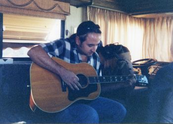 Pearblossom, California. Playin’ Neil’s travelin’ Gibson, on location in the Motorhome, where I was visiting with Neil and Elliott Roberts earlier.
