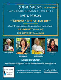 SongBreak "In-Person" Series featuring Bob Westcott (NY) and Sue Horowitz (NY & ME) (co-hosted by Linda Sussman & Josie Bello)
