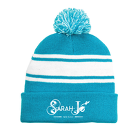 Blue Pom Pom Striped Acrylic Knit Beanie + FREE GIFT