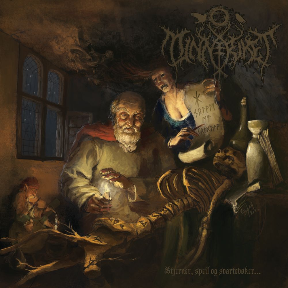 Album cover for the album Stjerner, speil og svartebøker... by Stein Akslen's Norwegian black metal band Minneriket. Logo by Christophe Szjapdel. Artwork by Khaos Diktator Atterigner