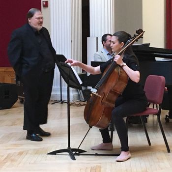 Masterclass clinician, David Premo, associate principal cellist in the Pittsburgh Symphony Orchestra, works with Natalya Bondarchuk on the Popper Hungarian Rhapsody
