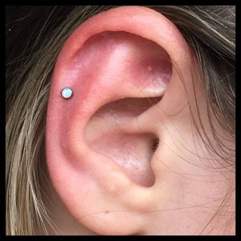 Helix Piercing w/ Threadless, Synthetic White Opal Cabochon by NeoMetal©
