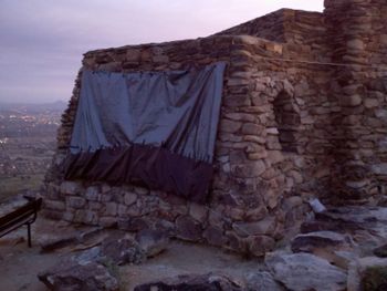 Giant tarps around the windows of the Lookout structure to keep wind from ruining the shoot, Ever Before video shoot, 2011
