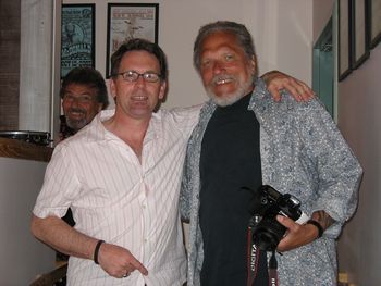 With Jorma Kaukonen at his Fur Peace Ranch. Dave Elliott stalking in background.
