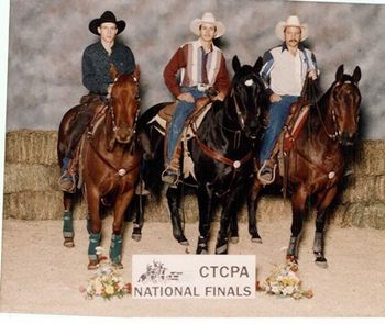 Chad competing in the top ten with brother and father at the CTCPA National Team Penning Finals (Open & 7 Class), all riding 4 year olds.
