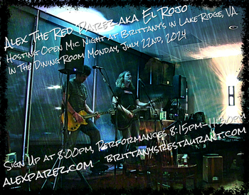 www.alexparez.com/shows Alex The Red Parez aka El Rojo! Hosting Open Mic Night at Brittany's in Lake Ridge, VA! Monday, July 22nd, 2024! I'll perform a 30 minute set 8:15pm-8:45pm, come by early! Sign up at 8:00pm, Performances 8:15pm-11:30pm!
