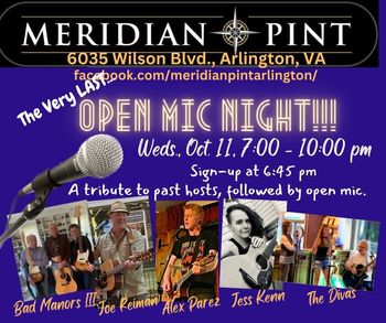 www.alexparez.com Alex The Red Parez aka El Rojo Hosting The Very Last Open Mic Night at Meridian Pint in Arlington, VA Wednesday! October 11th, 2023, 6:45pm-10:00pm, Signups at 6:45pm, Performances 7:00pm-10:00pm! A Tribute To Past Hosts Followed By Open Mic!
