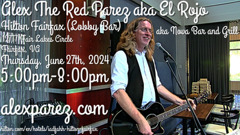 www.alexparez.com/shows Alex the Red Parez aka El Rojo Returns to The Hilton Fairfax, VA! At the Hotel Lobby Bar aka NoVA Bar and Grill! Thursday, June 27th, 2024 5:00pm-8:00pm!
