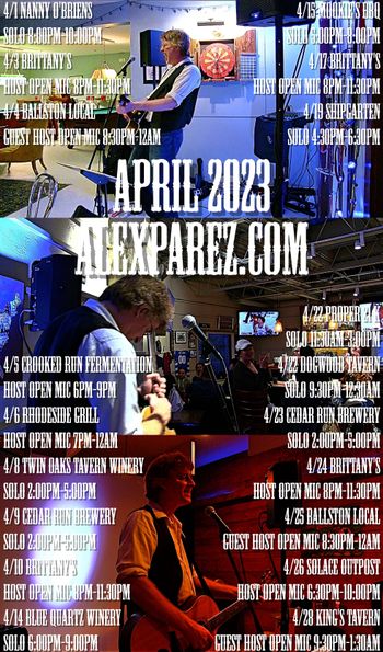 www.alexparez.com/shows Alex The Red Parez aka El Rojo April 2023 Performance Schedule - alexparez.com - updated Monday afternoon, April 24th, 2023
