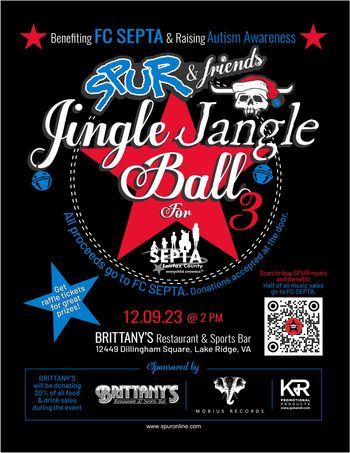 https://www.spuronline.com/jjball3.html Jingle Jangle Ball 3 with SPUR and Friends - Benefit for Fairfax County Special Education PTA - SEPTA & raising Autism Awareness/Acceptance
Guest Performers: Alex The Red Parez aka El Rojo, Gino Cioffi, Live to Love Family, Craig Gidick, and student performers! At Brittany's in Lake Ridge, VA! In The Dining Room! Saturday! December 9th, 2023, 2pm-5:30pm!
