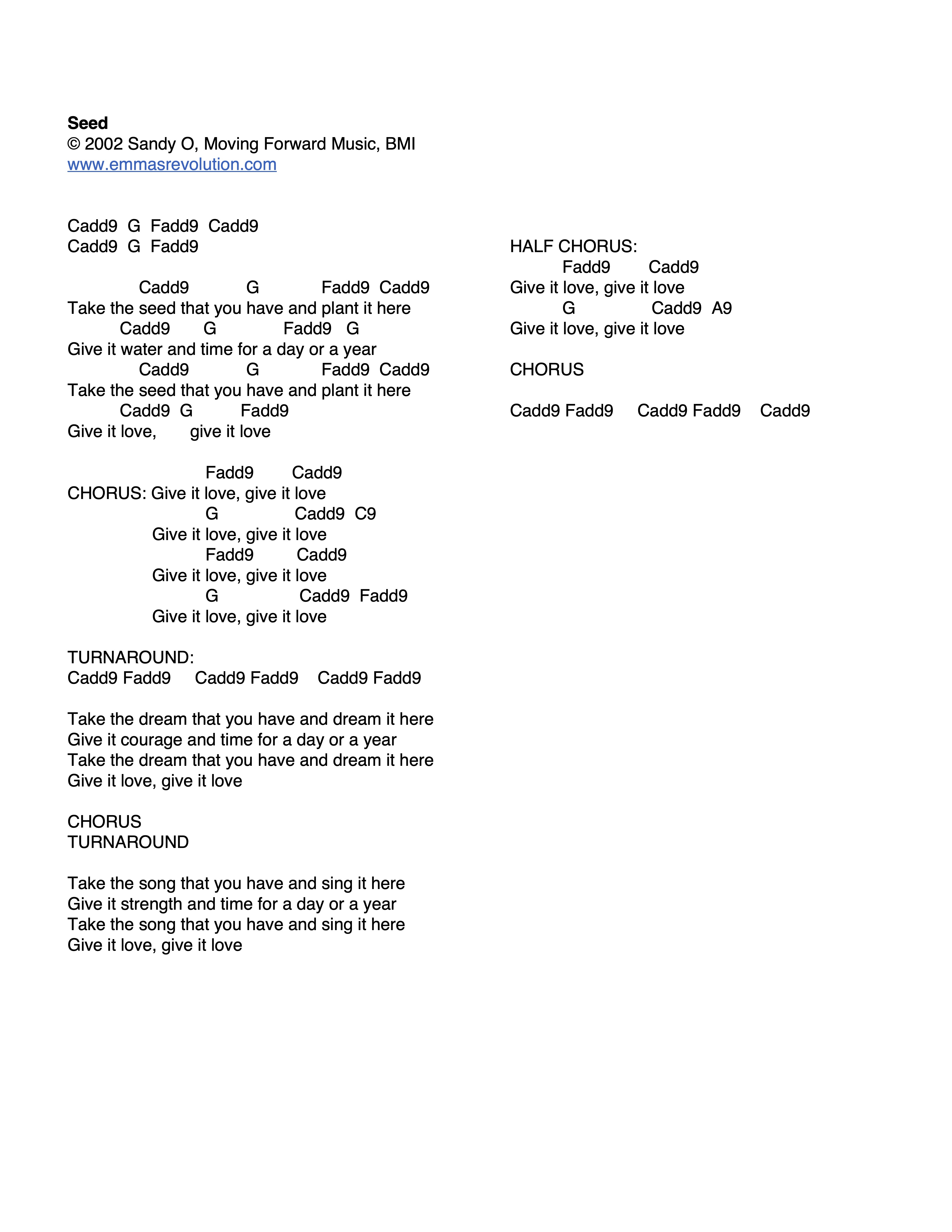 Seed - Lyrics with Chords as Sandy & Pat Play Them - Emma's Revolution